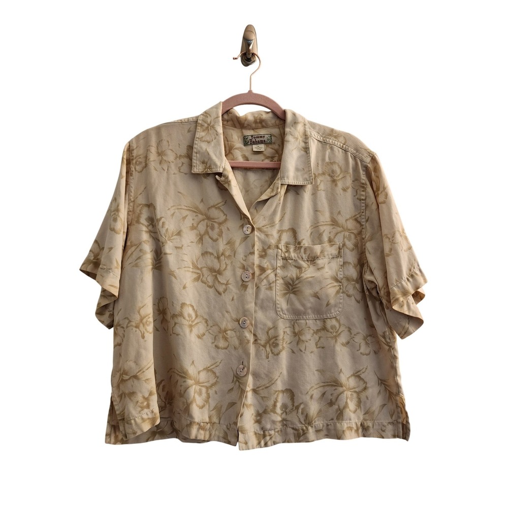 Tommy Bahama Womens Silk Floral Camp Shirt Beige‎ Short Sleeve Button Up M
